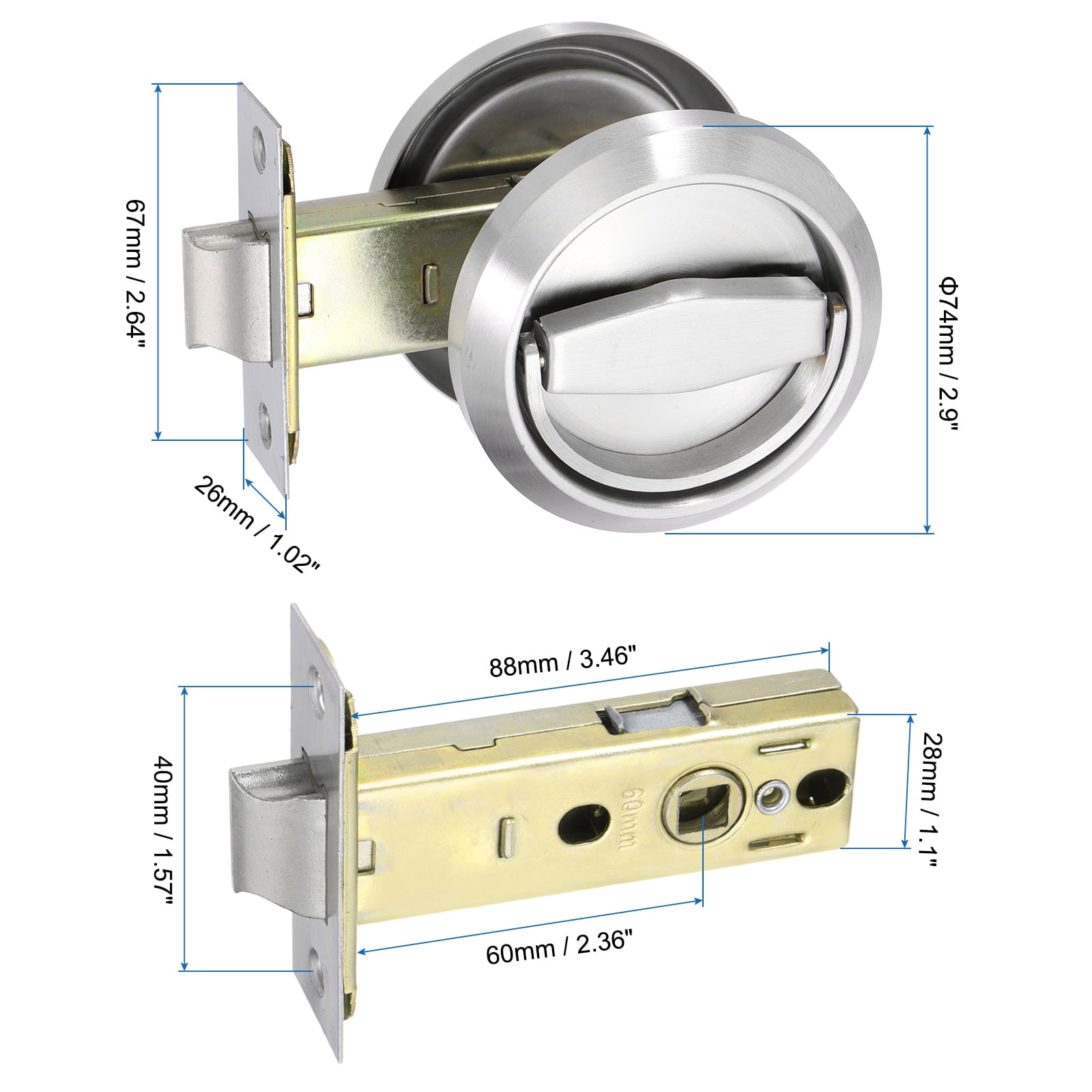 Uxcell Round Recessed Door Lock, (Lock Length 3.46 Inch, Silver) (1 Set), Recessed Door Knob, Suit for - Bedrooms/Kitchens/Bathrooms