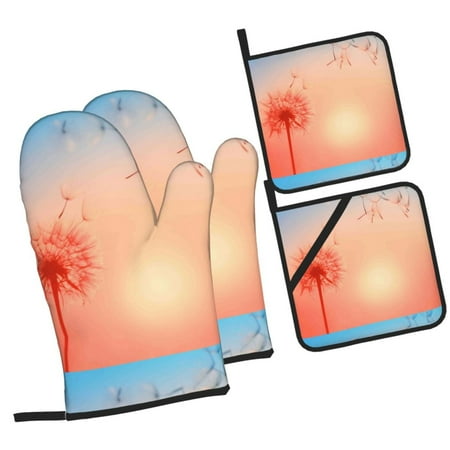 

Tebeau The Sunset of Dandelion Print 4 Pcs Oven Mitts and Pot Holders 500°F High Heat Resistant Kitchen Oven Mitts with Pot holders Long Oven Mitts for Baking and Cooking