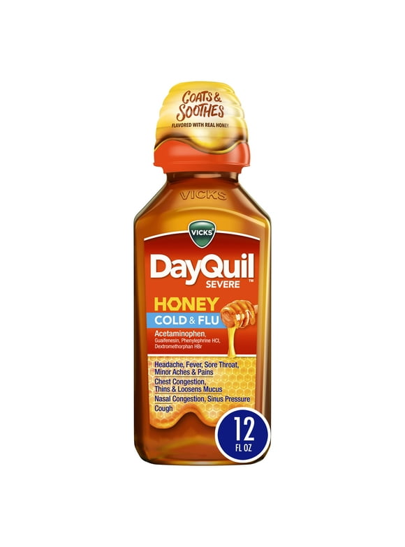 Vicks DayQuil Severe Liquid Medicine, Cold, Cough & Flu, over-the-Counter Medicine, Honey, 12 Oz