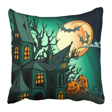 BPBOP Blue Vintage Halloween Green Bat Castle Draw Fear Funny Greeting Hand Pillowcase Pillow Cushion Cover 18x18 inch