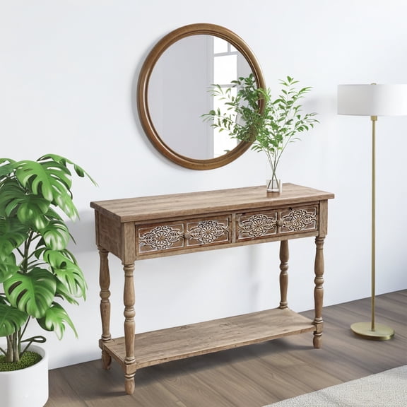 Parisloft Retro Wood Console Table with 1 Bottom Shelf and 2 Carved Design Drawers, Farmhouse Style Wood SofaTable for Living Room, Rustic Brown, 42.125"W x 32.25"H