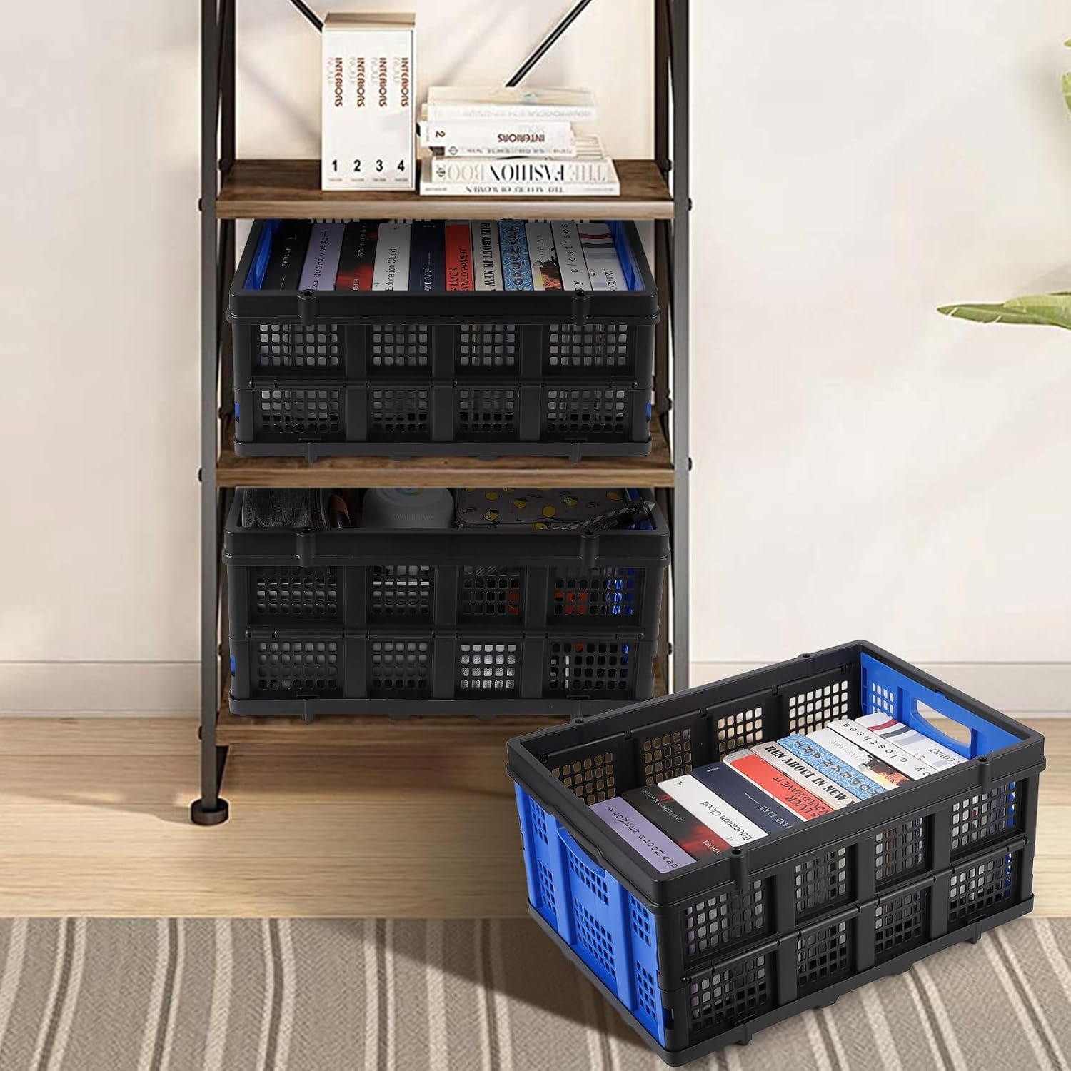 Yesurprise Collapsible Plastic Crate, Foldable Storage Basket, Stackable Utility Crate with Handle, Heavy Duty Milk Crate for Kitchen Office Camping Classroom Storage