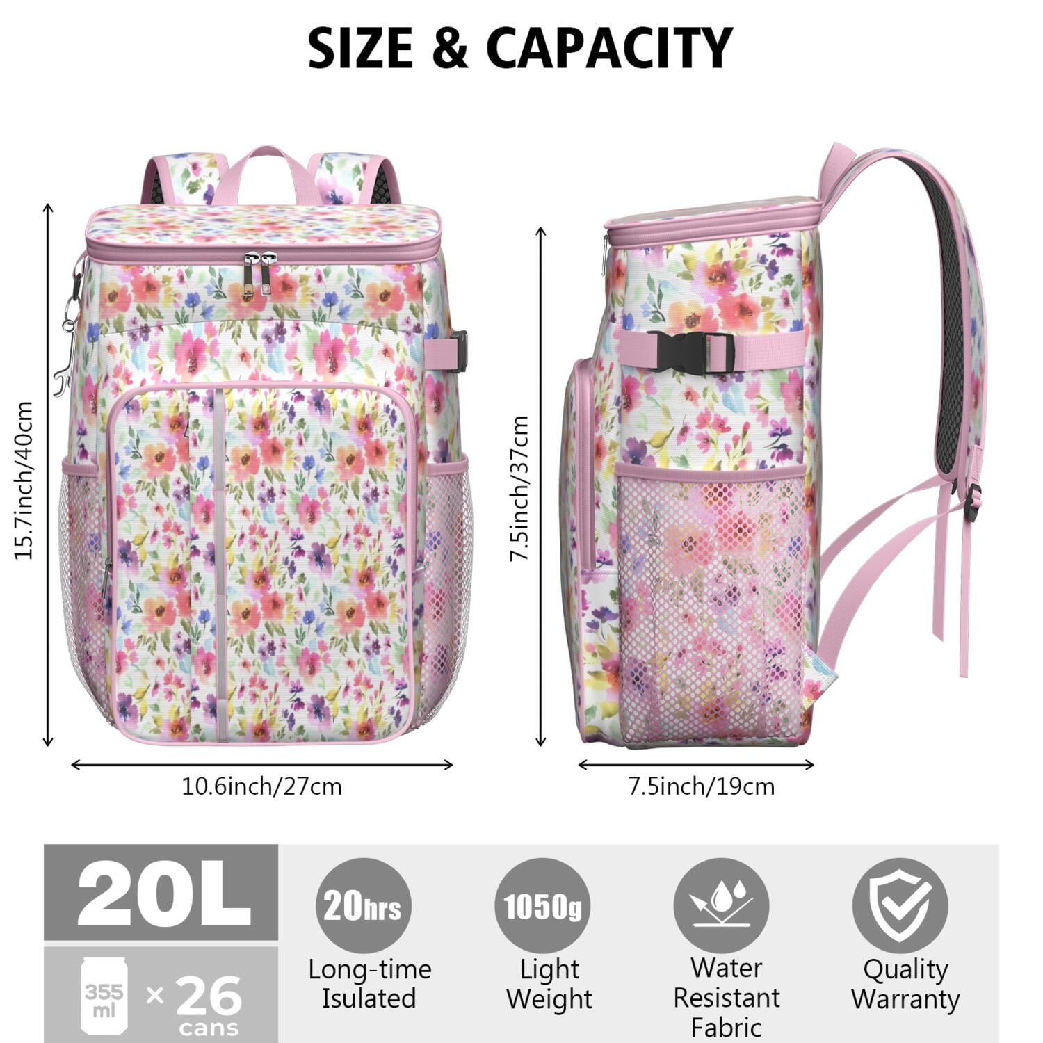 Travel Cooler Bag - Pioneer Flower Floral Print Pattern Camping Beer Cooler Backpack with Bottle Opener- Waterproof Insulated Picnic Backpacks - Cooler Bag for Beach