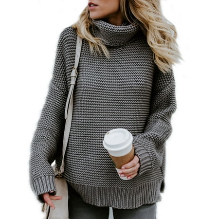 Women Winter Warm Knitted Sweater Polo Neck Tops Chunky Knitting Pullover Loose Jumper Baggy Knit Turtle Neck (Best Chunky Sweaters 2019)