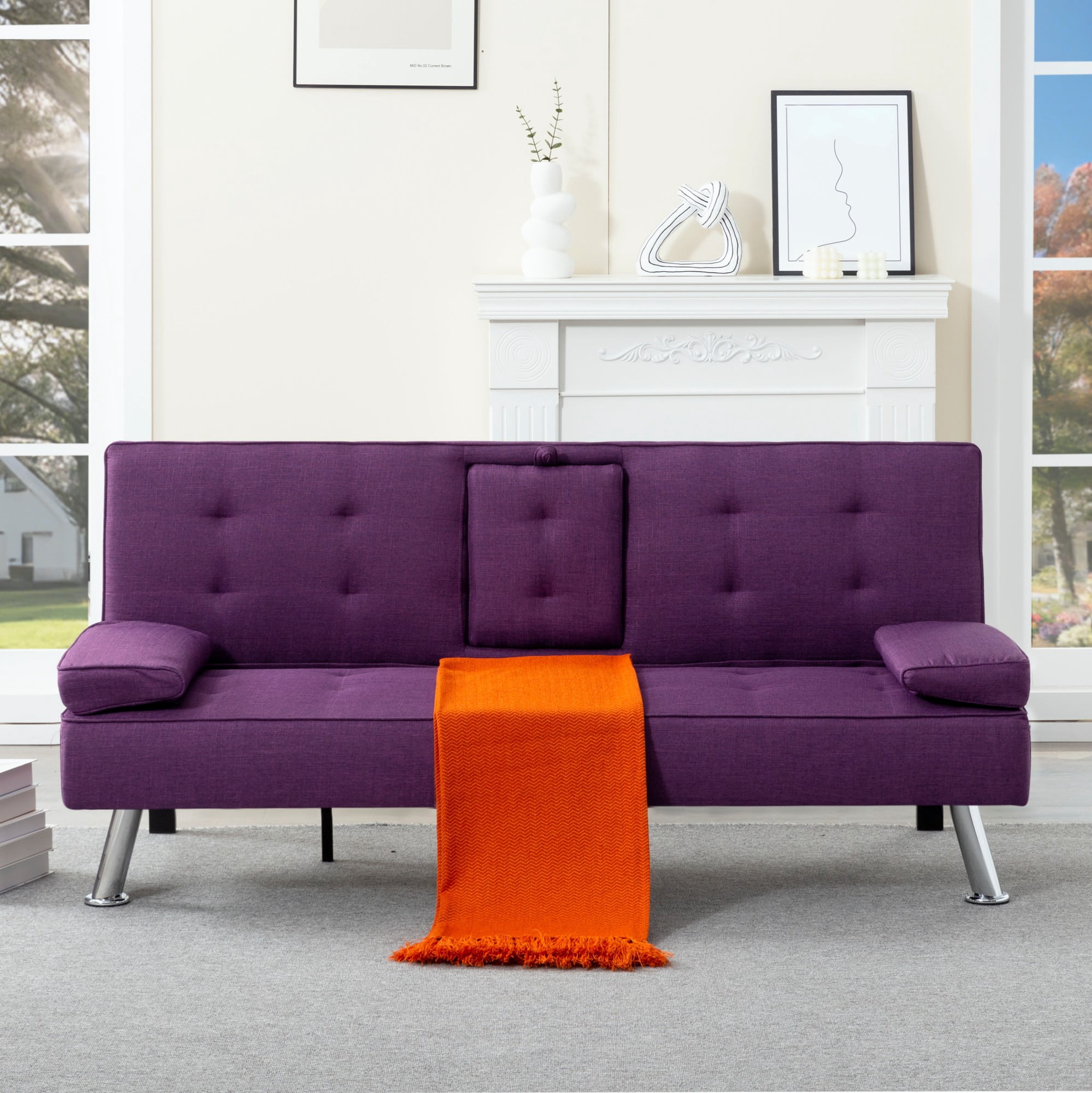 BSHTI 69.49" Fabric Convertible Futon Sofa Bed with Drop-Down Console, 2 Cup Holders, 5-Position Backrest, Side Pocket for Living Room（Purple）