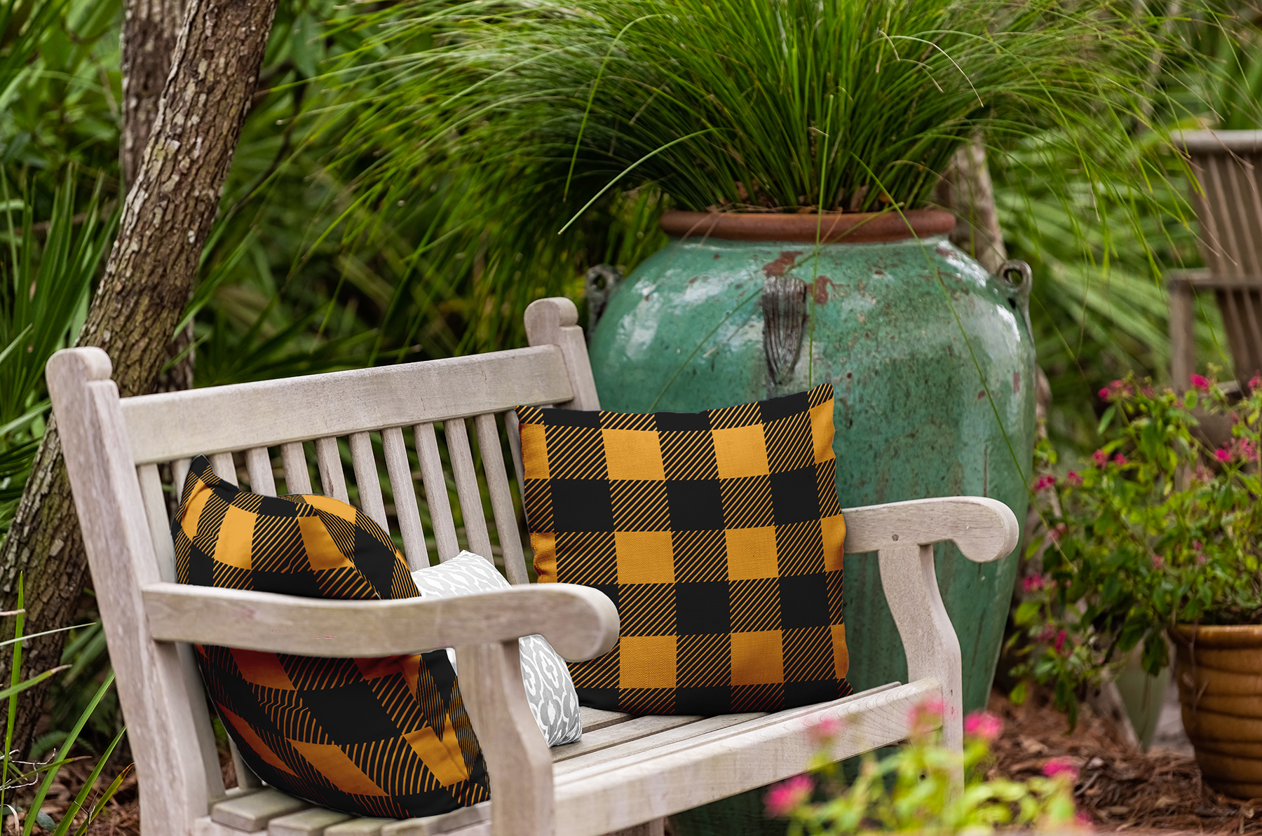 16" x 16" Simply Daisy Buffalo Plaid Polyester Indoor/Outdoor Pillow, Golden Mustard Qty 1