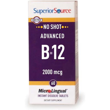 Superior Source No Shot Advanced B12 2000 mcg Methylcobalamin and Adenosylcobalamin Quick Dissolve MicroLingual Tablets 60 Ct Nervous System Cardiovascular Health Non-GMO
