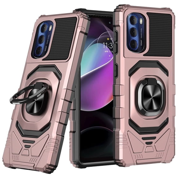BD Heavy Duty Rugged Shield Ring Stand Magnetic Mount Cover Case for Moto G 5G 2022 - Rose Gold
