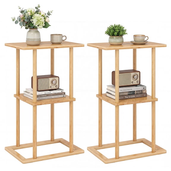 Gymax 2 Pieces Side Table w/Storage Shelves & Bamboo Construction for Living Room