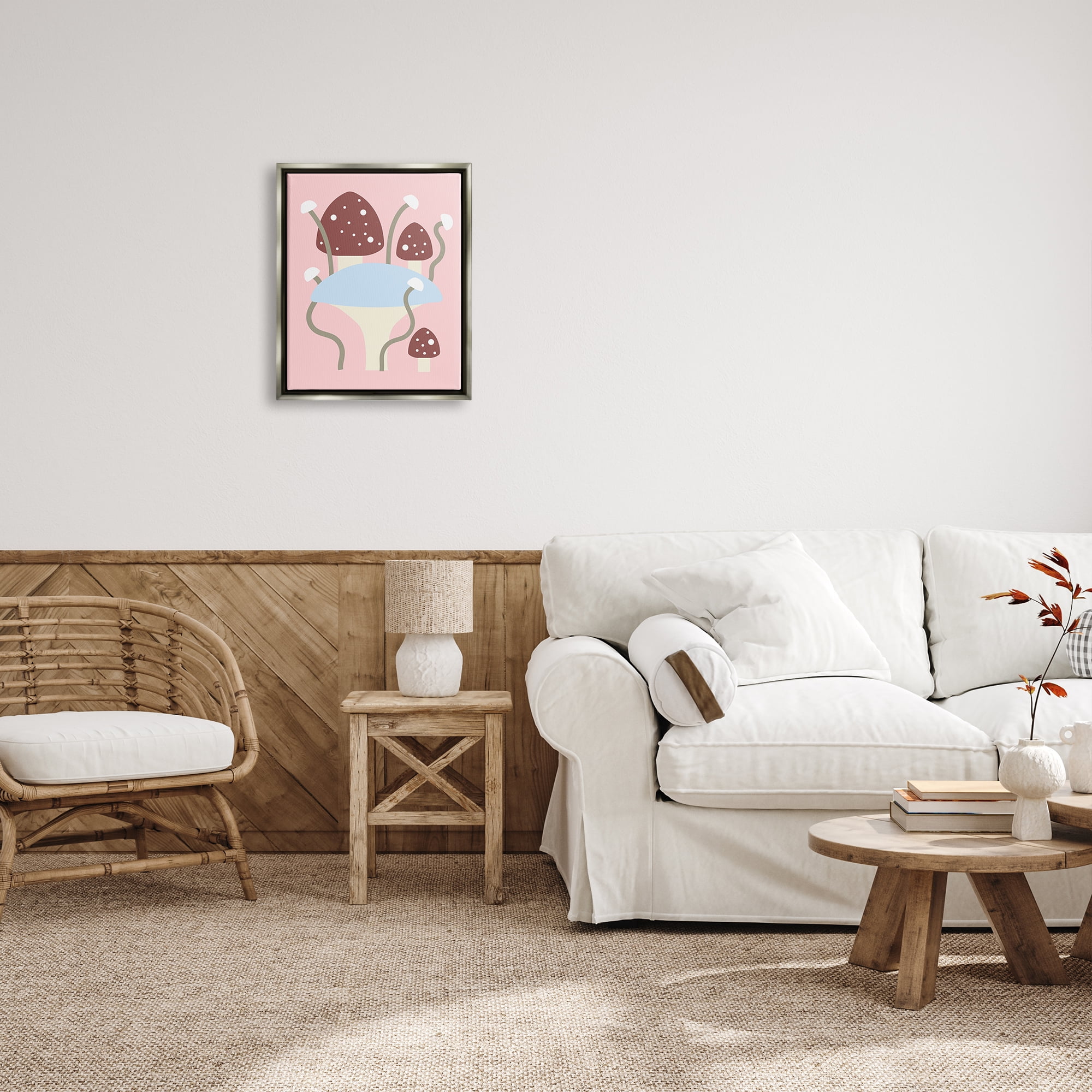 Stupell Industries Fun Mushrooms on Pink Botanical & Floral Painting Gray Floater Framed Canvas Art Print Wall Art, 17 x 21