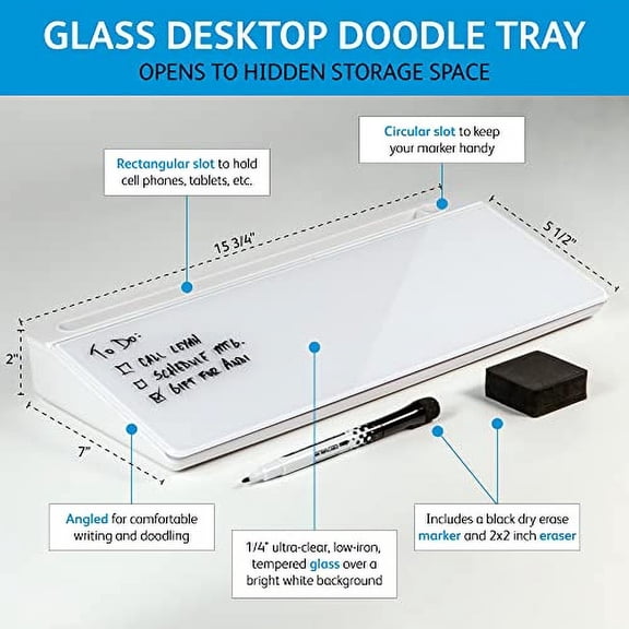 Glassboard Studio Glass Dry Erase Doodle Tray for Desktop Office Supply Storage - Marker and Eraser Included (8 Markers, White)