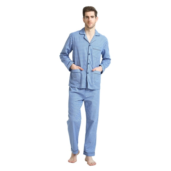 GLOBAL Men's Pajamas Sets 100% Cotton Flannel Sleepwear Long-Sleeve Top & Bottom Loungewear Blue Lattice XL