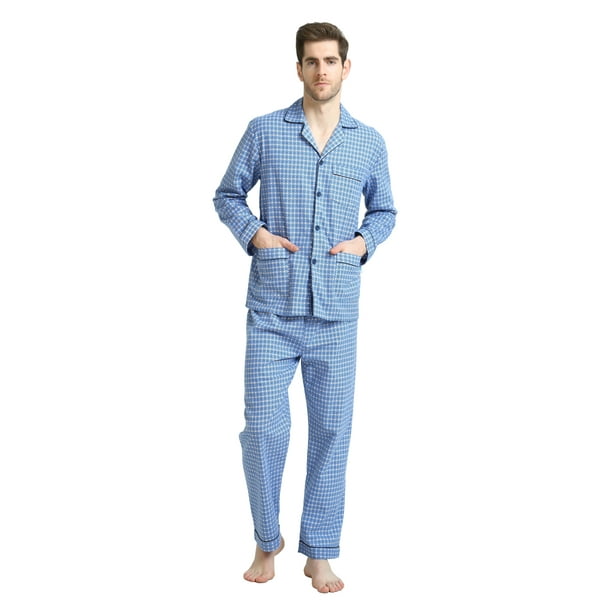 GLOBAL Conjuntos de Pijamas para Hombre, Ropa de Dormir de Franela 100% Algodón, Ropa de Dormir Superior E Inferior de Manga Larga, Celosía Azul S