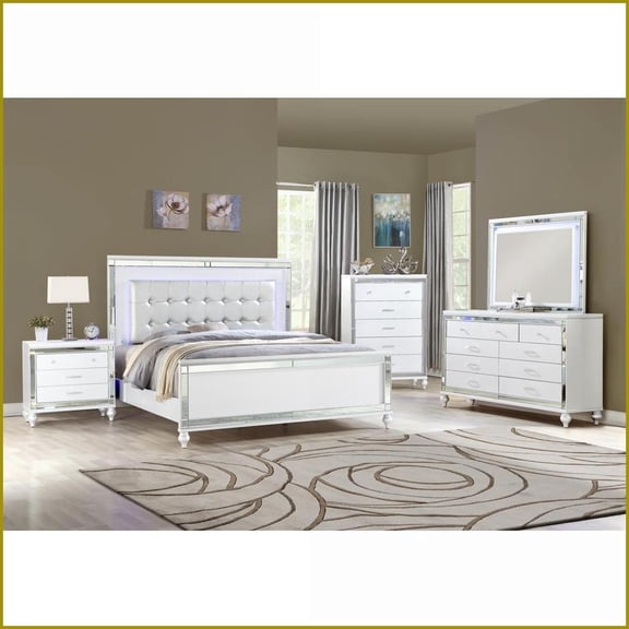 Bedroom Furniture Set Queen 5PC White Wood | LED Lights & Storage | Glam Style | Wood | Standard Beds