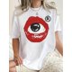 thumbnail image 1 of Camiseta de verano para mujer Suave elegante con Cuello redondo1pc Women'S Casual Geometric Eye & Lips Print T-Shirt, Round Neck, Short Sleeve, Polyester Knit Fabric, Comfortable All-Season Fashion, 1 of 6