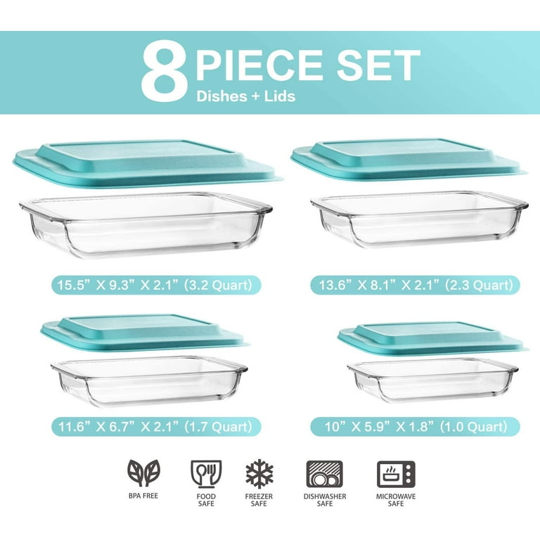  KOMUEE 8 Pieces Glass Baking Dish with Lids Rectangular Glass Baking  Pan Bakeware Set with BPA Free Lids, Baking Pans for Lasagna, Leftovers,  Cooking, Kitchen, Fridge-to-Oven, Gray: Home & Kitchen