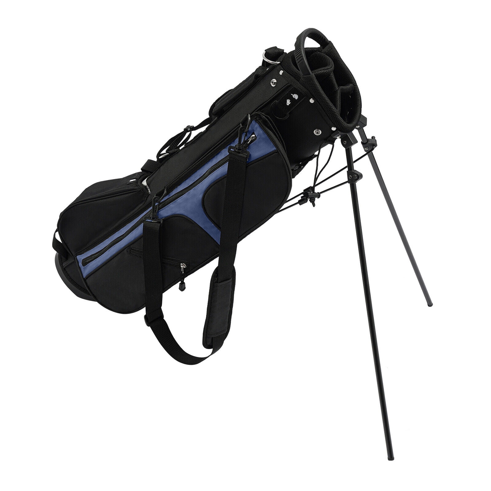 ToppiJoy Portable Golf Stand Bag Lightweight with 3 Dividers & 5 Pockets, Adjustable Shoulder Strap, Stable Stand for Driving Range, Par 3 & Executive Courses(Black+ Blue)