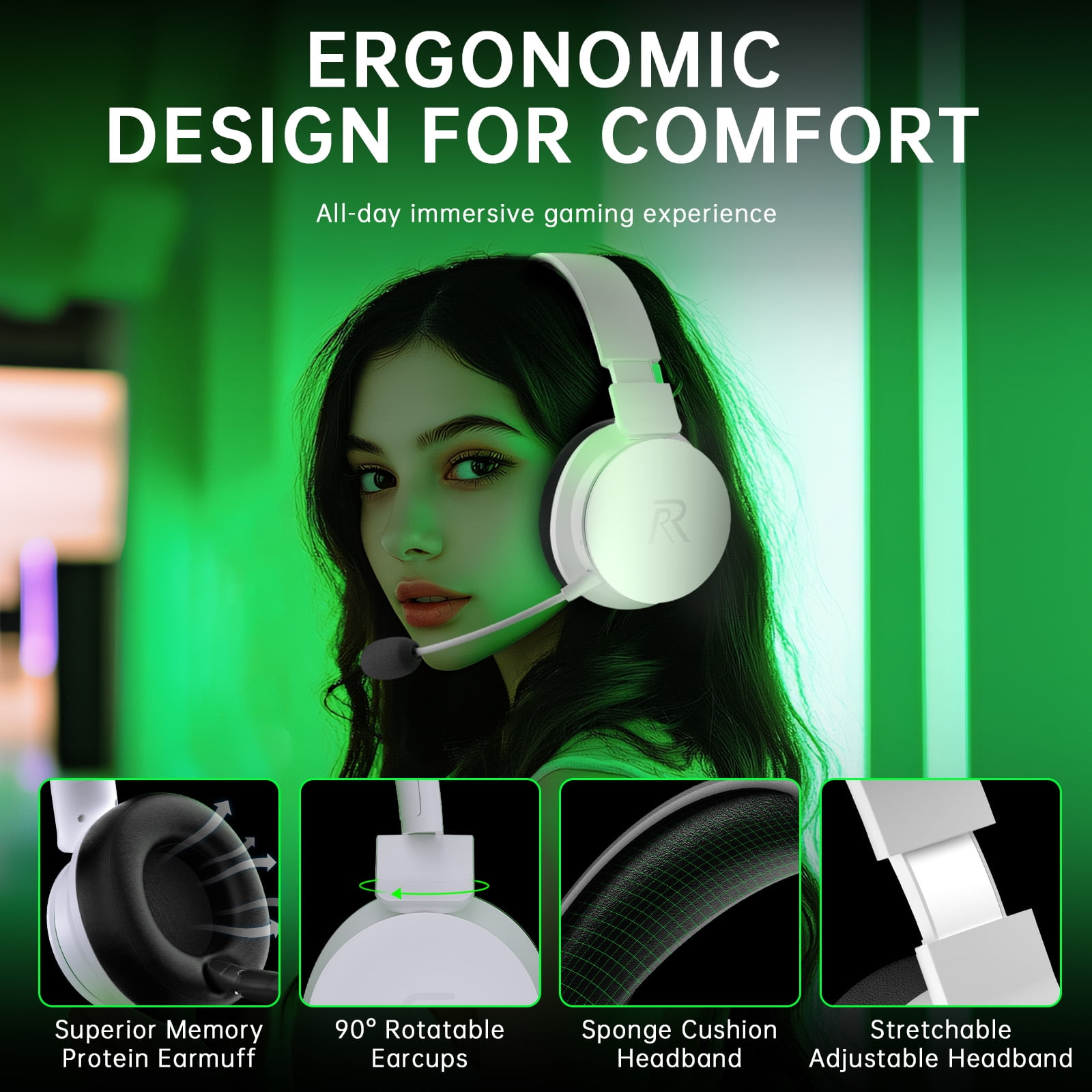FONHAID 2.4GHz Wireless Gaming Headset for Xbox, PS5, Switch, Bluetooth Gaming Headphones with Detachable Noise Canceling Mic, 45H Battery, White