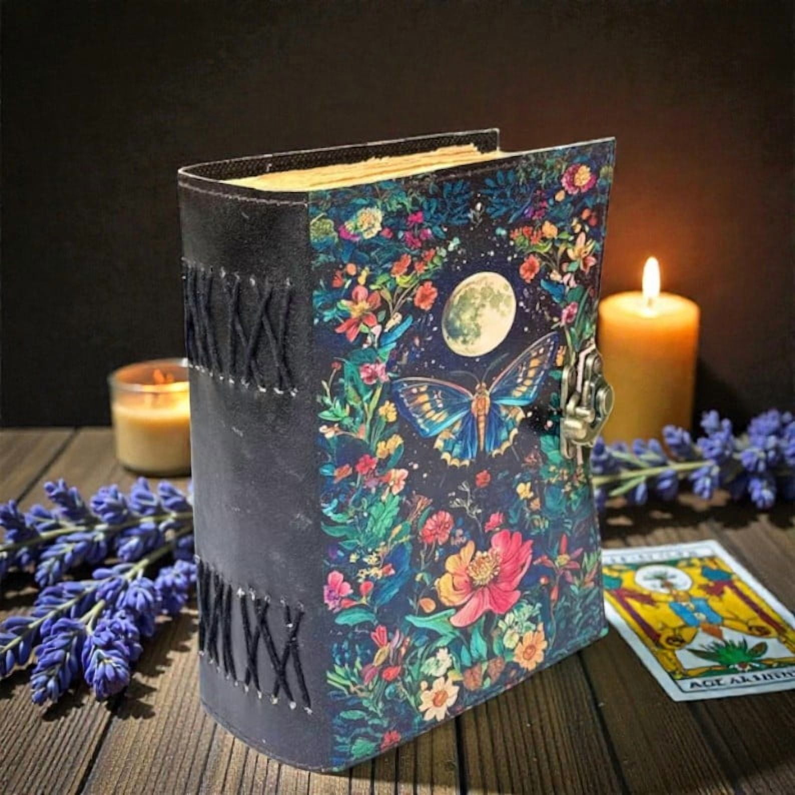 Handmade Leather Journal 5x7 Inches – Moon & Butterfly Floral Notebook, 200 Deckle-Edge Pages, Vintage Lock, Artisan Writing Diary