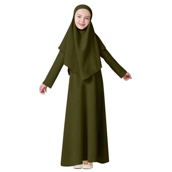 OGLCCG Girls Muslim Abaya Prayer Dress with Hijab 2pcs Solid Color Islamic Middle East Arab Dubai Dress Soft Ramadan Eid Clothes 4-12 Years