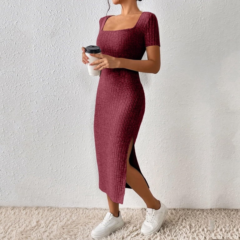 knee length dresses for ladies Wine Long Sleeves Knot Skirt Bodycon Midi Dress – AX Paris main image 1