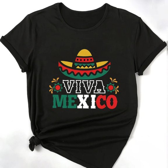 Festive Mexican Pride Graphic Tee, Tops Has "VIVA MEXICO" & Sombrero Design, Round Neck Regular Fit T - shirts, Size(S - 5XL)