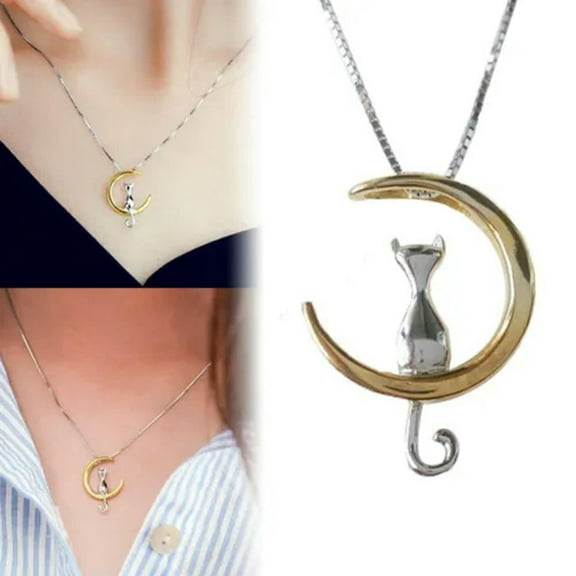 Womens Lovely Cat On The Moon Charm Pendant Necklace Silver Chain Jewelry