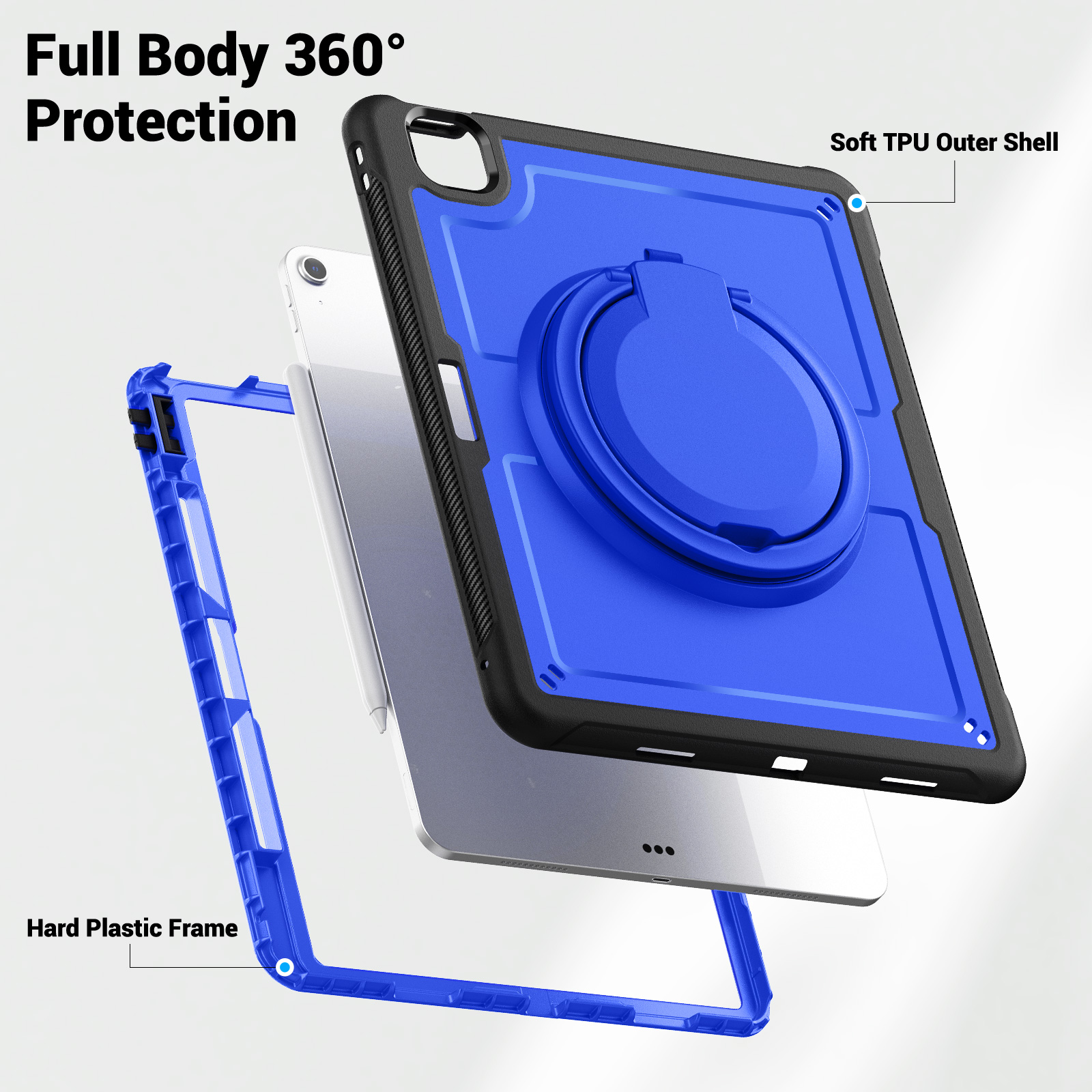 Shockproof Case for Apple iPad Air 13 Inch 2024 M2, Rugged Hybrid Protective Cover with Pencil Holder & Shoulder Strap Kids Friendly Rotating Kickstand Case for iPad Air 13" 2024, Darkblue