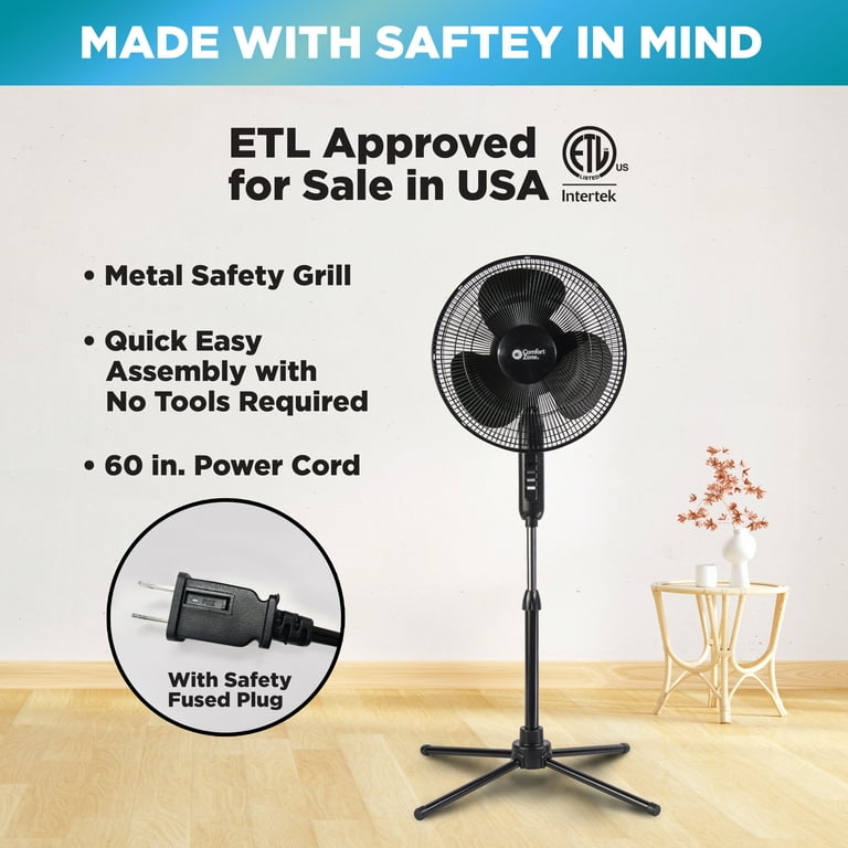 Comfort Zone 16” Oscillating Pedestal Fan, 3-speed Options, 90-Degree  Oscillating Head, Adjustable Height and Tilt, Powerful Air Flow, Black -  Walmart.com