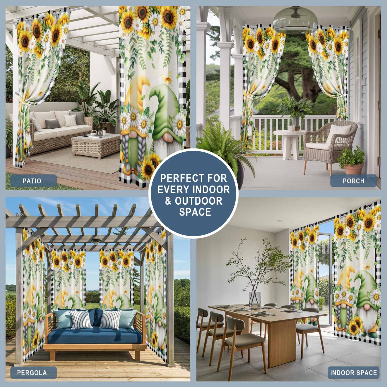 1 Panel Outdoor Curtains for Patio Waterproof 54"x95" Sunflower Gnomes Weatherproof Privacy Outsides Curtains, Spring Farmhouse Vintage Daisy Leaf Plaid Grommet Thermal Drapes for Cabana Porch
