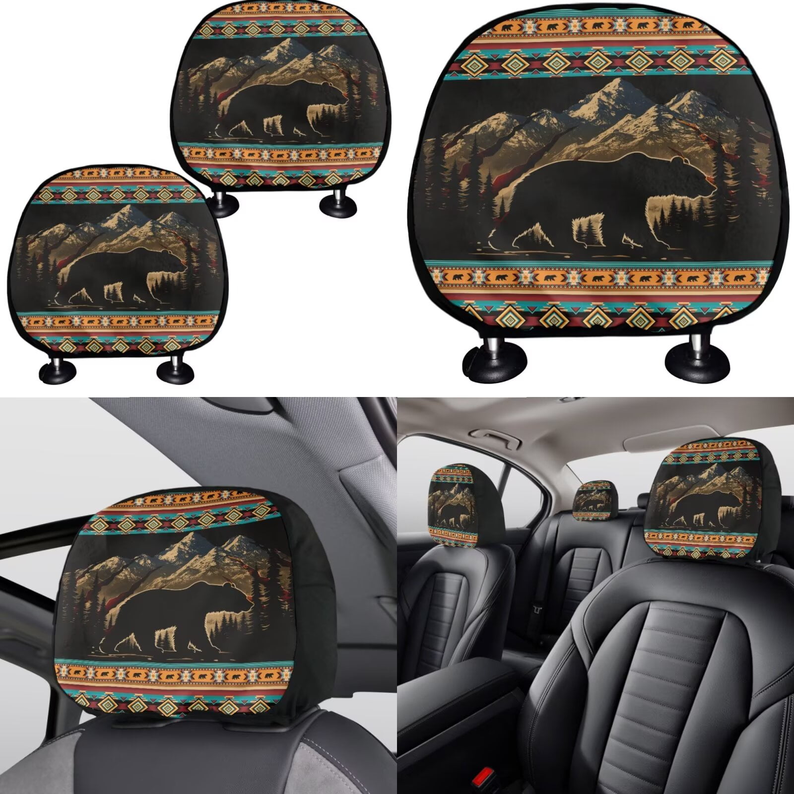 Garronmavis Aztec Mountain Bear 11Pcs Car Seat Cover with Headrest Cover+Cup Coasters+Handbrake Gear Shift Sleeve+Lanyards Key Chain Universal Fit Most Cars SUV Van Sedan Truck Interior Decor Sets