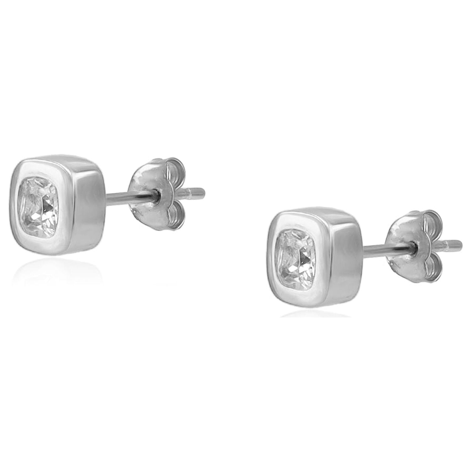 Sterling Silver CZ Bezel-Set Cushion-Cut Solitaire Small Stud Earrings