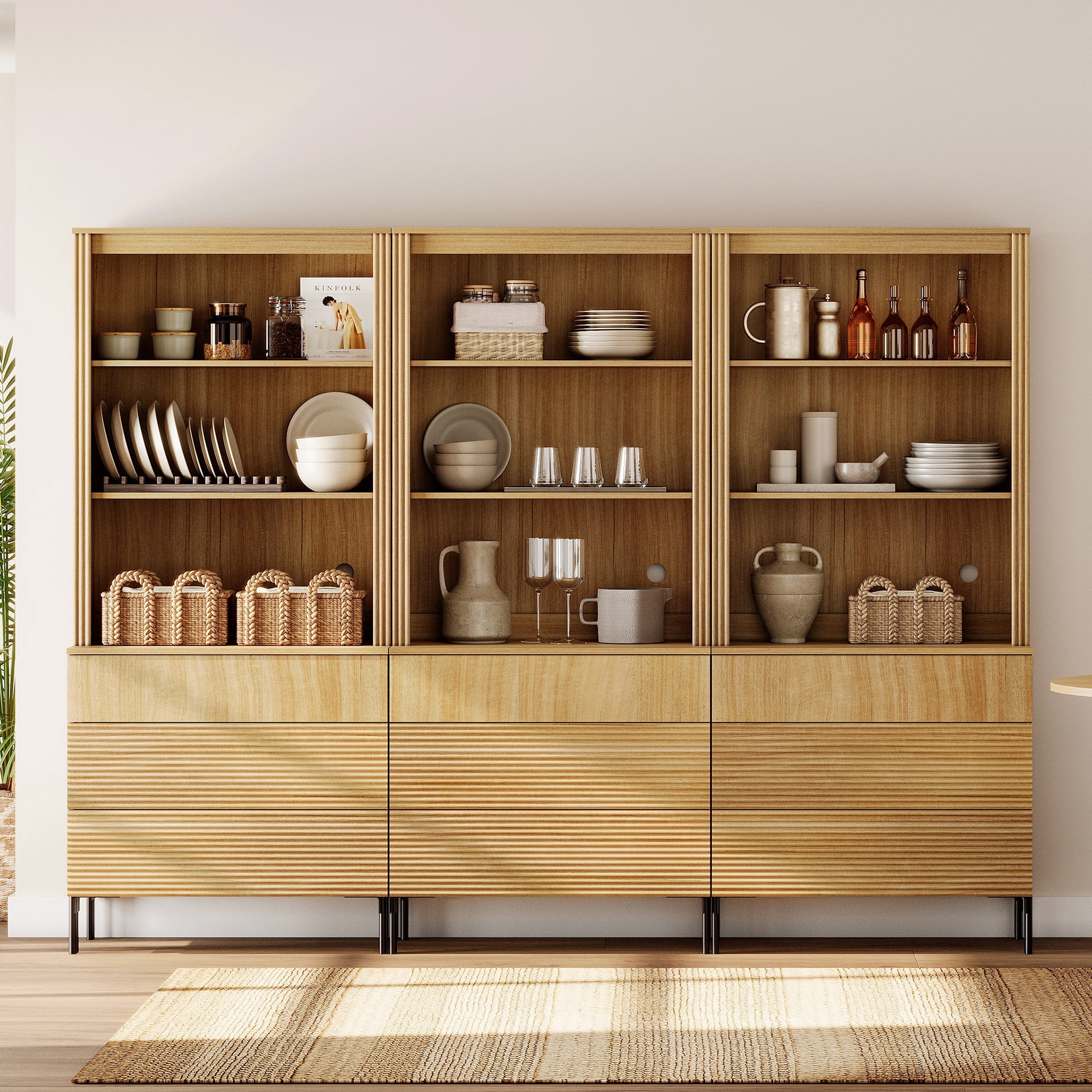 71.6"H X 94.5"W Set Of 3 Bookcase with Storage Cabinets, 9 Tier Bookshelf with Fluted Drawers and Adjustable Shelves, Large Modern Display Cabinet For Living Room Bedroom Home Office Kitchen