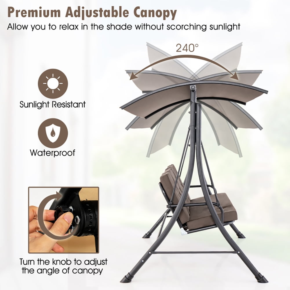 Aimee Lii 3-Seat Outdoor Porch Swing with Adjustable Canopy and Padded Cushions, Swing Chair Outdoor, Brown Aimee Lii 3-Seat Outdoor Porch Swing with Adjustable Canopy and Padded Cushions, Swing Chair Outdoor, Brown