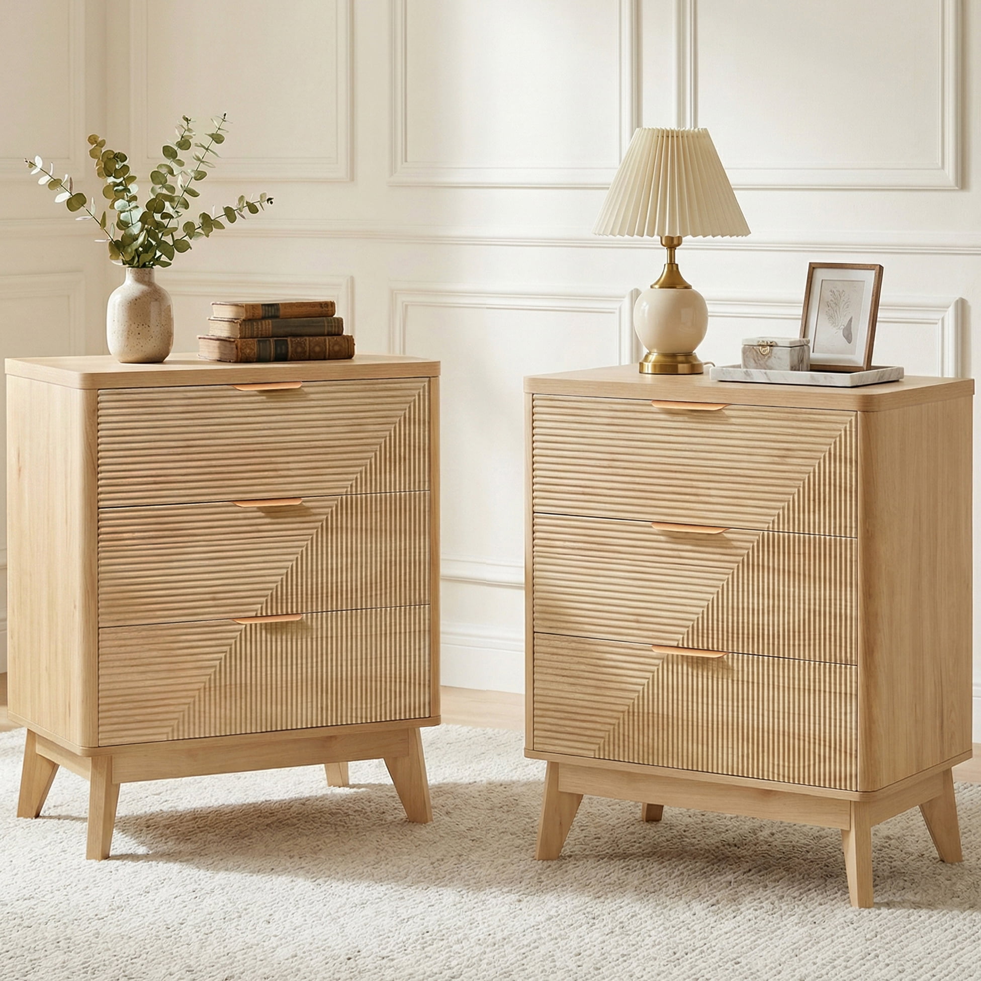 Roofar Geometric Fluted Nightstand set of 2 with 3 Wooden Drawers 24 Wide Mid Century Modern Bedside Table with Metal Handle for Bedroom Nature
