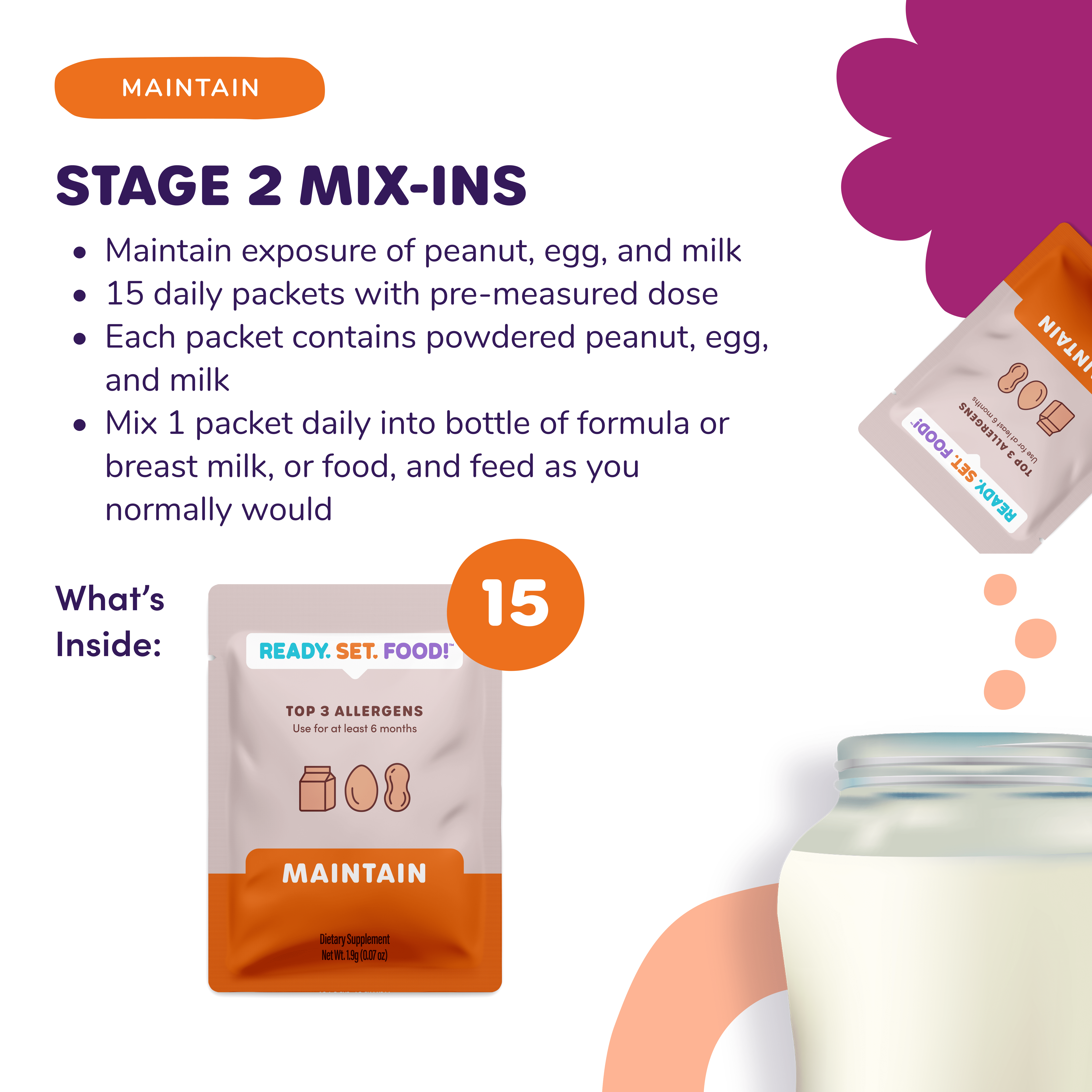 Ready, Set, Food! Organic Early Allergen Introduction Mix-Ins, 4+ Months, Stage 2 15 Day, Unflavored