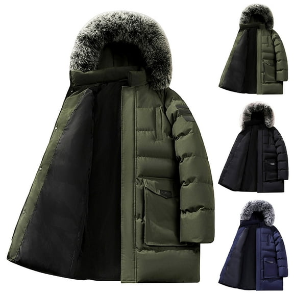 THDHVS Winter Coats for Men,Mens Winter Coats,Men's Solid Color Long Coat with Attached Hood and Heavyweight Insulation Mid-Length Zip Front Parka Is ed for Extreme Cold Conditions