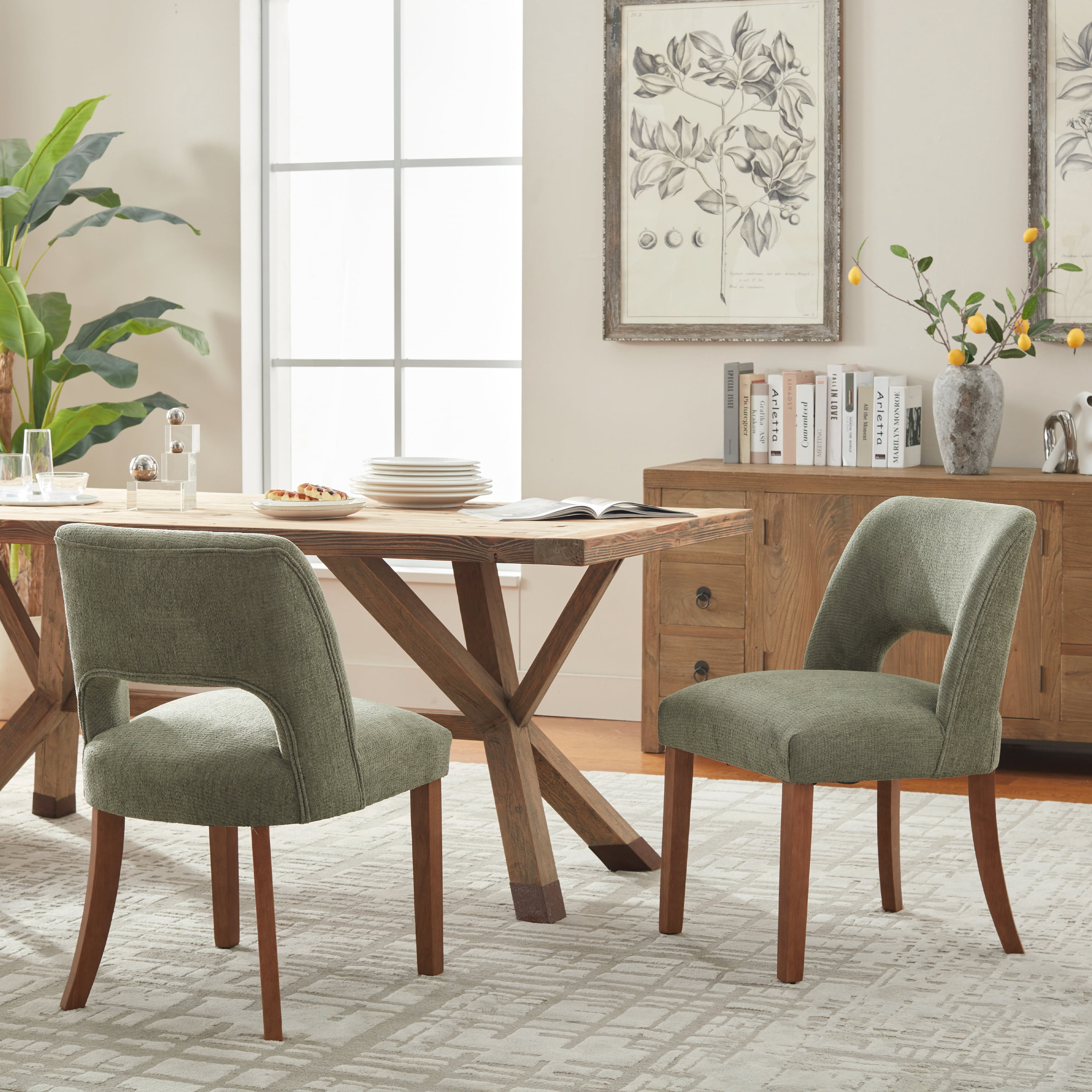 Vknow Furniture Set of 2 Chenille Dining Chairs, Mid-Century Modern Upholstered Kitchen Chairs with Cutout Back & Solid Wood Legs, Green