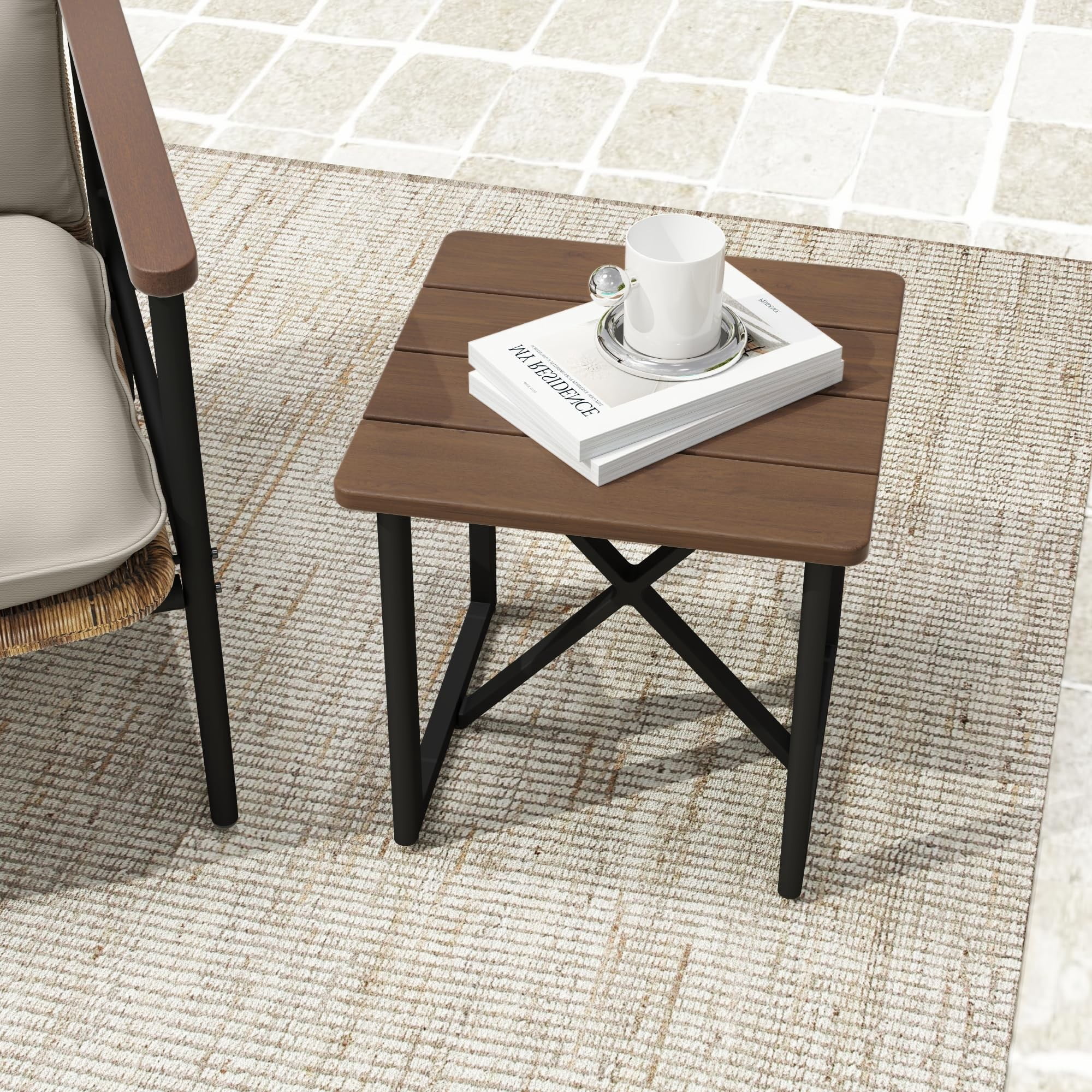 Aluminum Outdoor Patio Side Table with Acacia Wood Top, Square End Table, Weather-Resistant Small Table for Garden, Balcony, Lawn