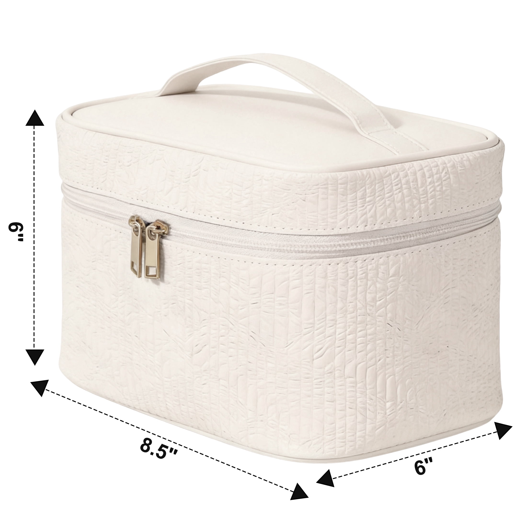 GARITIN Makeup Bag, Large Capacity Travel Cosmetic Organizer with Brush Slots, Toiletry Bag for Women, Quilted Leather Embossed, Off-White