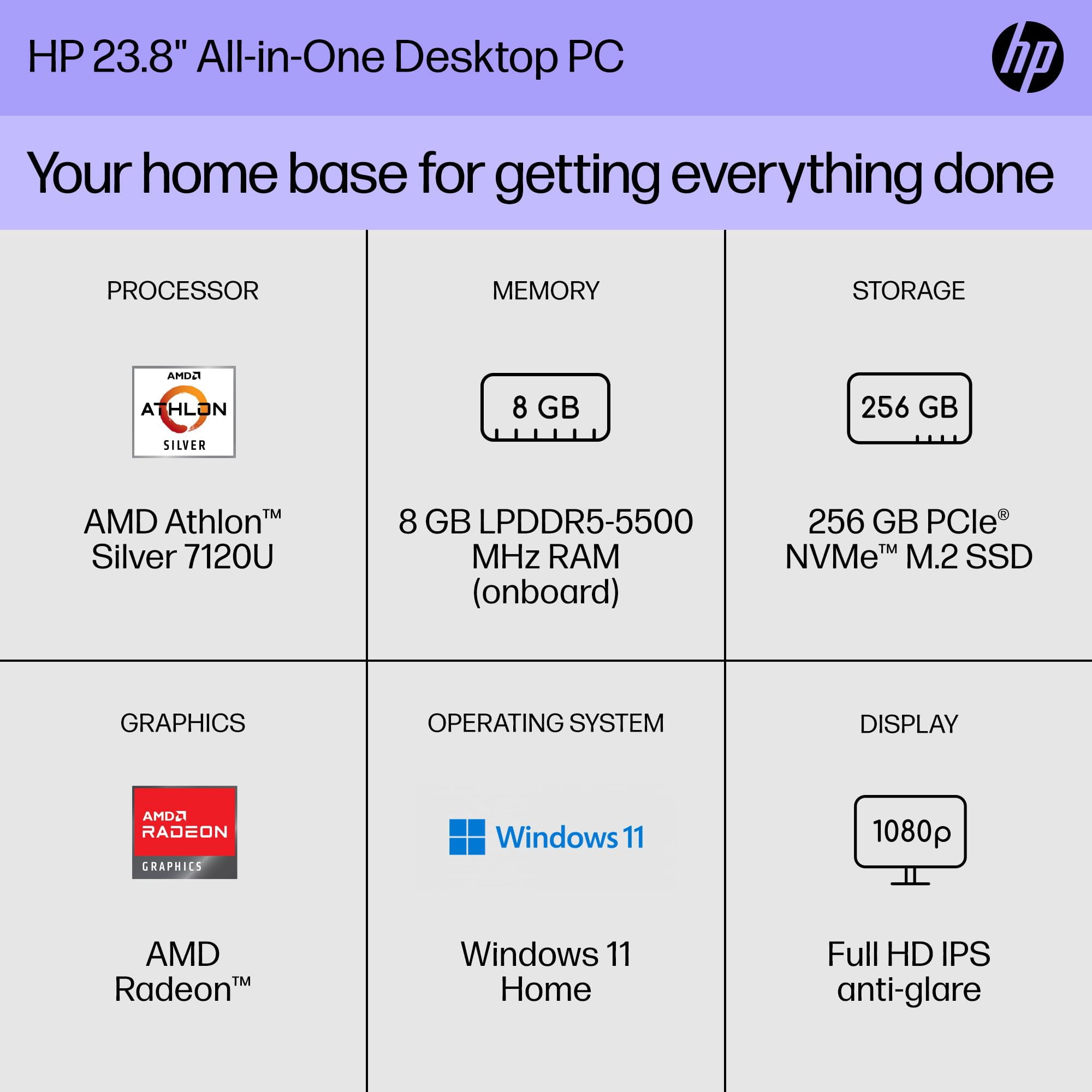 HP 24-cr0010 - All-in-one Athlon Silver 7120U / up to 3.5 GHz - RAM 8 GB - SSD 256 GB - NVMe - Win 11 Home - monitor: LED 23.8" 1920 x 1080 (Full HD) - shell white