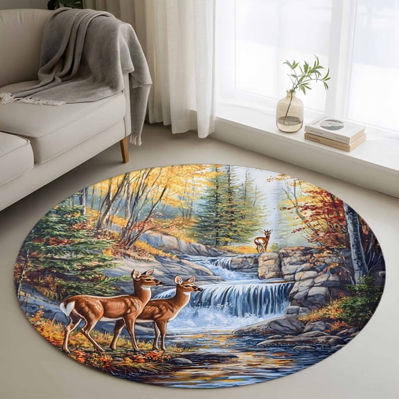 Autumn Deer Round Rug 3ft Washable Circle Entryway Rugs Non Slip Farmhouse Elk River Area Rug Indoor Floor Carpet for Bedroom Kitchen Living Room Home Office Dining Room Nursery
