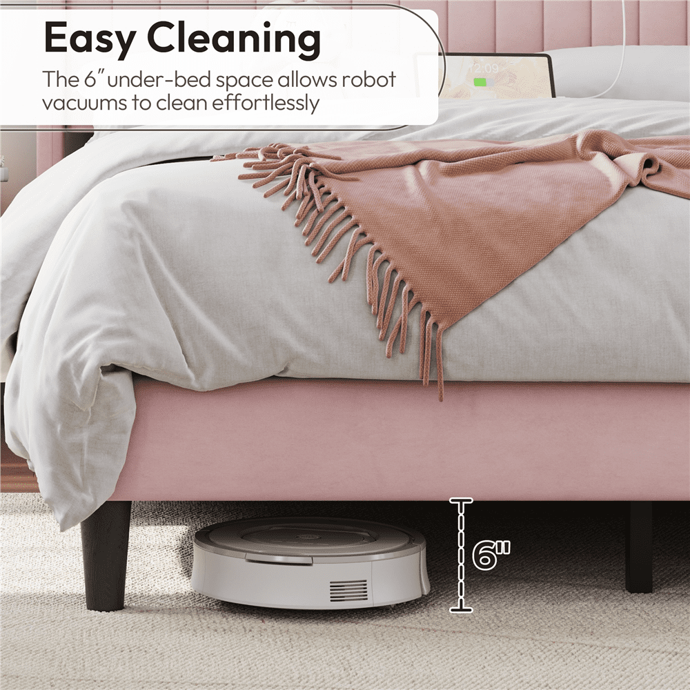 Renwick Upholstered Velvet Bed Frame with Charging Outlets and USB Ports, Queen, Pink