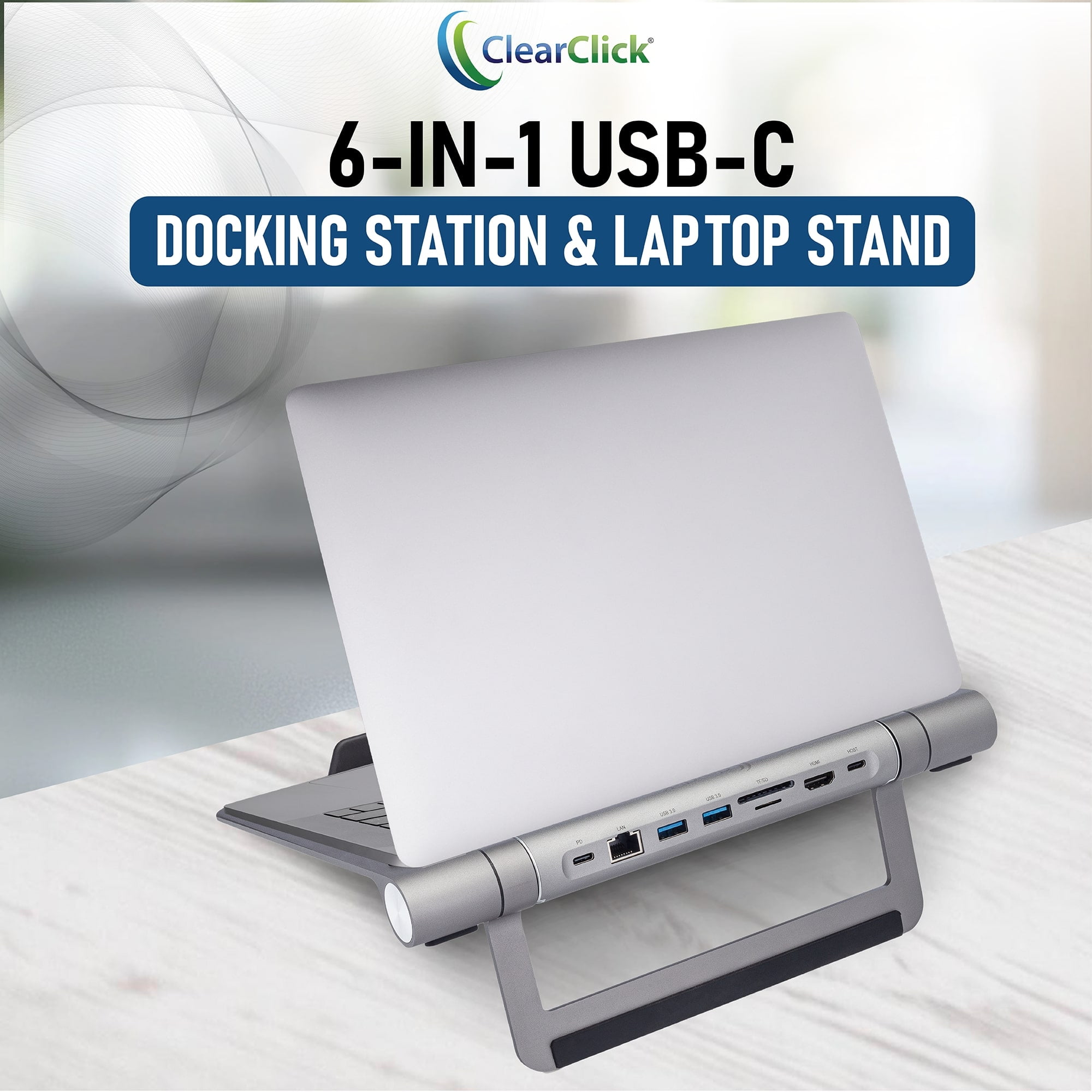 ClearClick 6-in-1 USB-C Portable Docking Station & Laptop Stand - 2X USB 3.0 Ports, HDMI, LAN Ethernet, SD Card Reader, MicroSD Card Reader, USB PD Charging