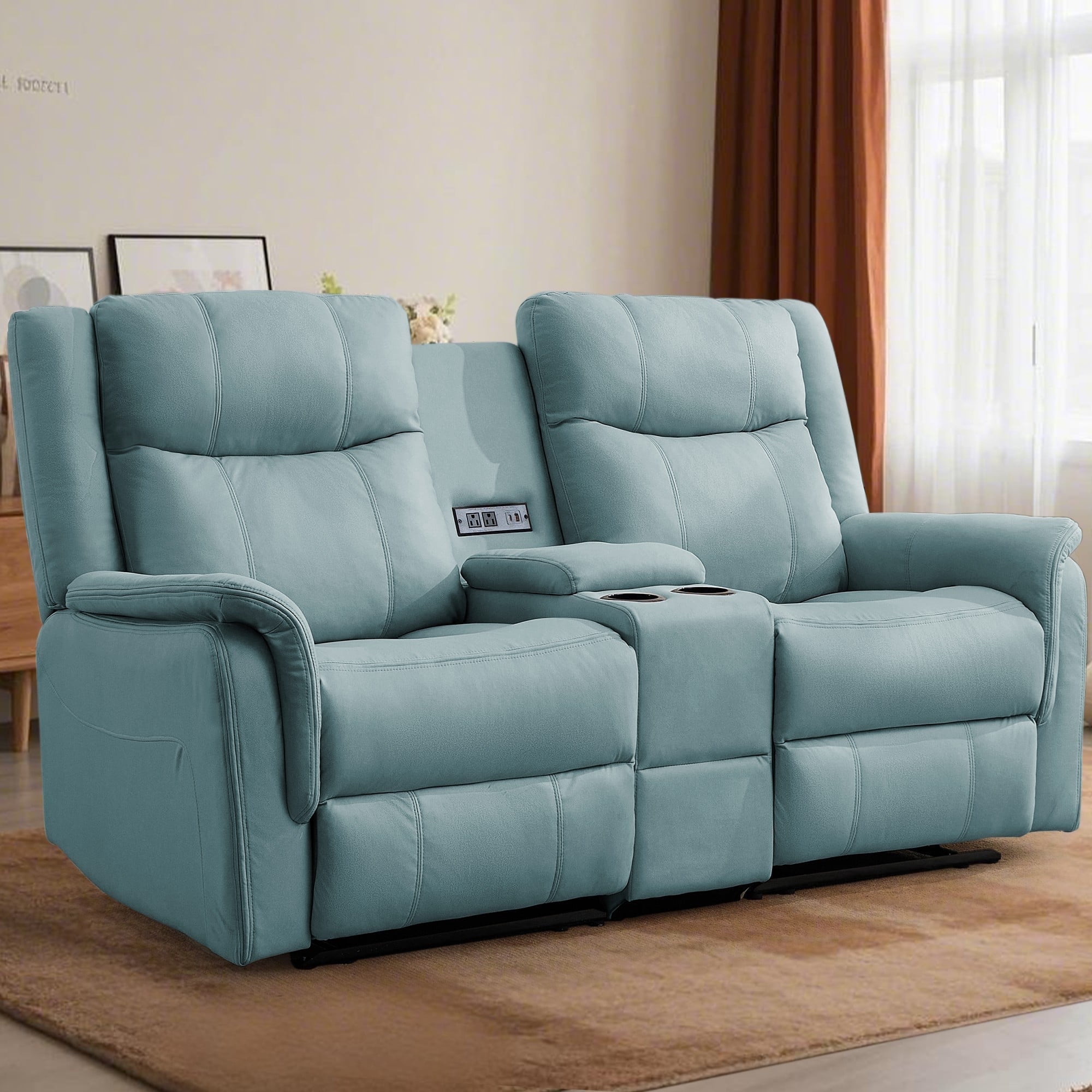 Korser 2-Seater Loveseat Recliner, Reclining Sofa with USB Ports, Cup Holders for Home Theater,Blue