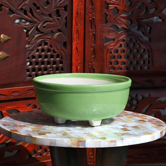 India Meets India Ceramic Bowl Leg Planter [Green], Decorative Planter for Home Décor/Living Room/Office/Table Top/Dining Area and Windowsill Décor, 7 x 3 inches