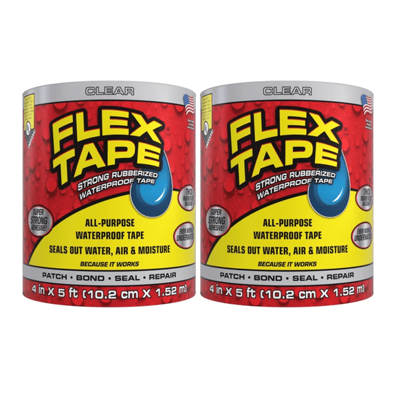 FLEX TAPE Strong Rubberized Waterproof Tape, 4 in x 5 ft, Clear, 2 Pack