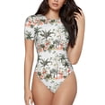 thumbnail image 1 of Bingfone Motif Palmiers Flamants Roses Justaucorps Col Rond pour Femmes, Manches Courtes à Boutons-Pression, Adapté pour Fête, Sport, Usage Quotidien-TG, 1 of 7