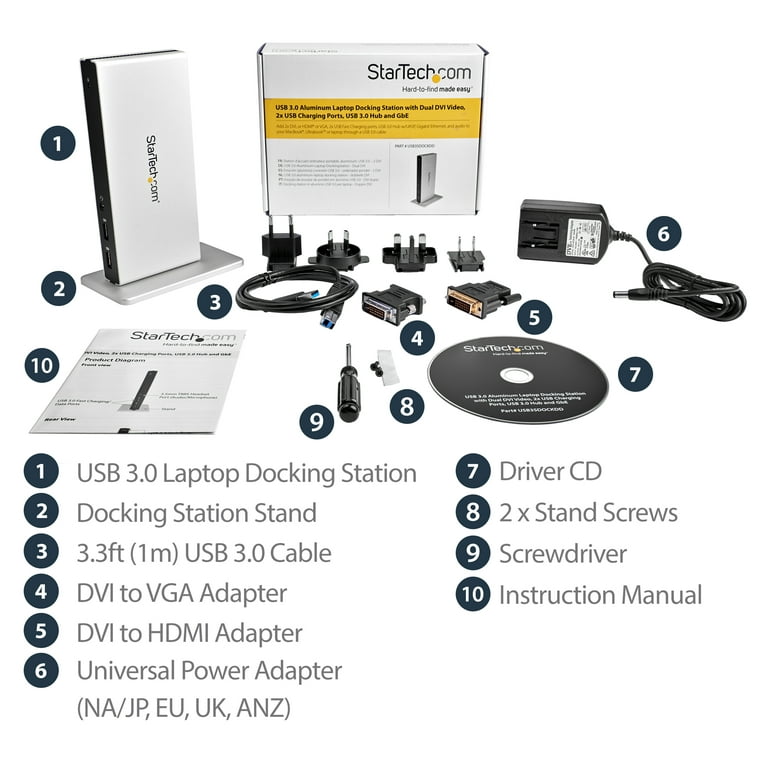 StarTech.com - Docking Station USB 3.0 de 2 Monitores para Portátil - HDMI/DVI/VGA  - Hub Ladrón 3x USB-A - GbE - Audio - Replica