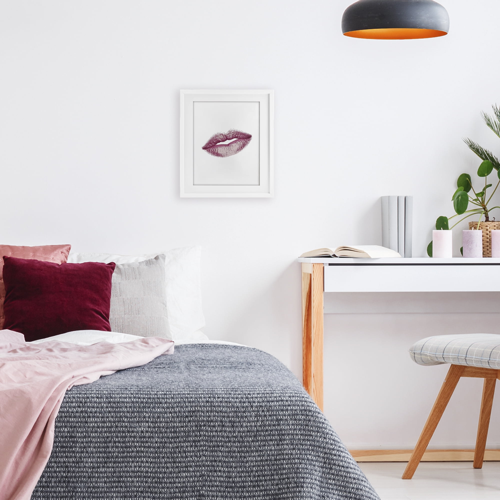 Feminine Pink Lips Glam White Framed Print Under Glass, design by Christine Simpson Art